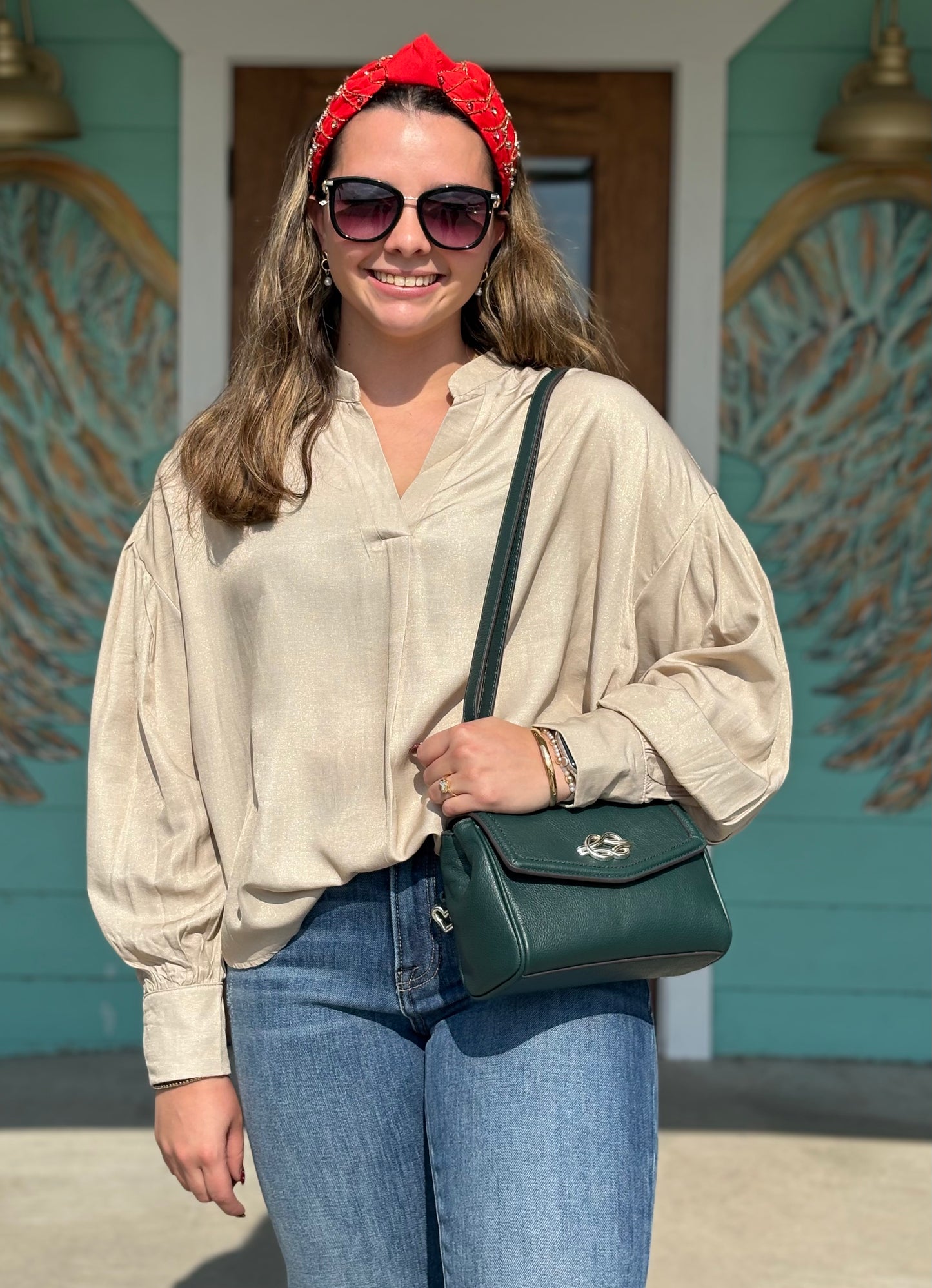 Beige V-Neck Long Sleeve Top