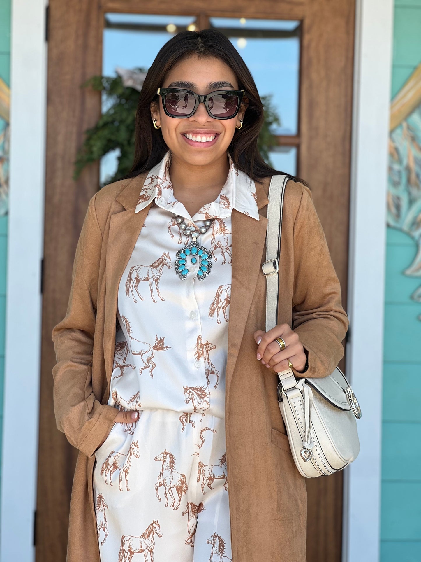 Ivory Taupe Horse Button Down Shirt