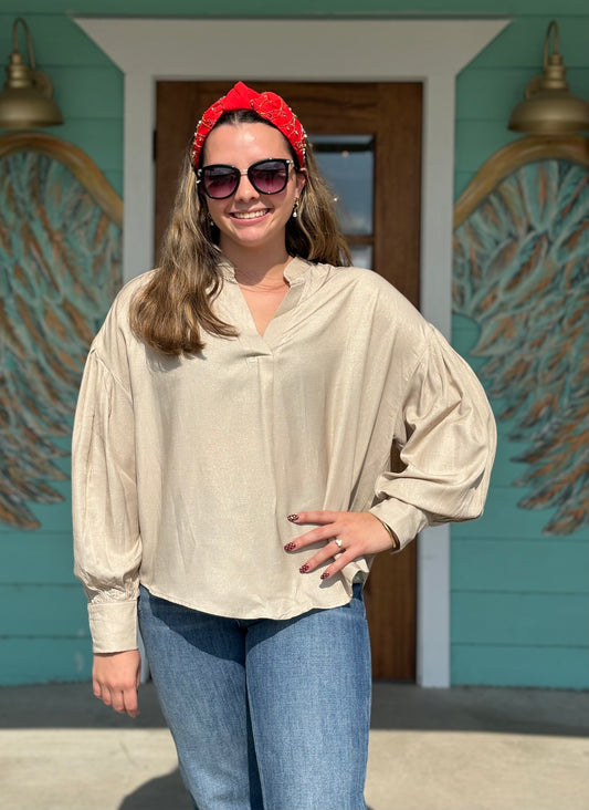 Beige V-Neck Long Sleeve Top