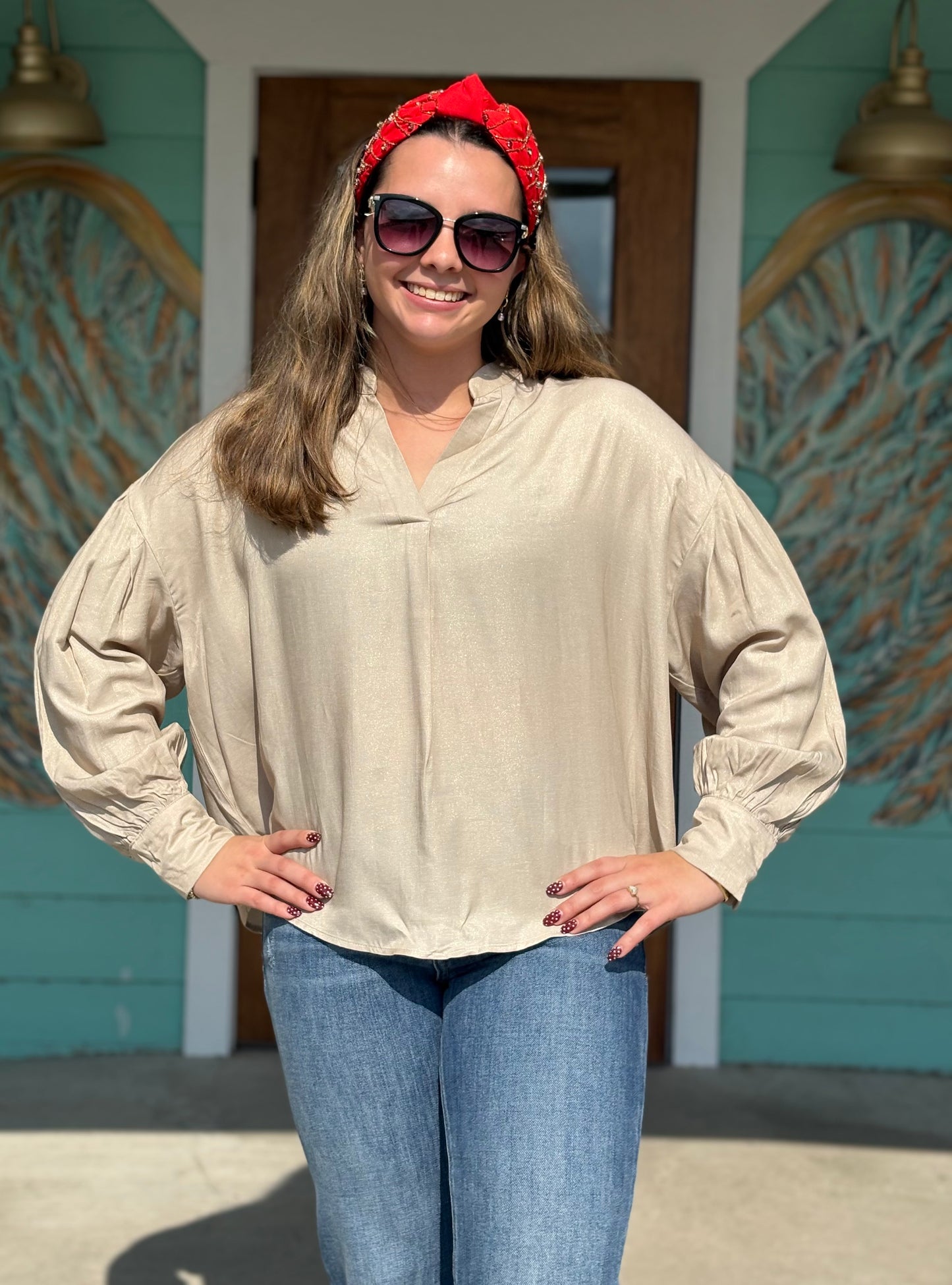 Beige V-Neck Long Sleeve Top