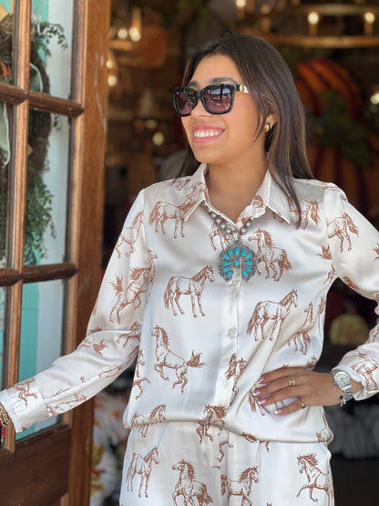 Ivory Taupe Horse Button Down Shirt