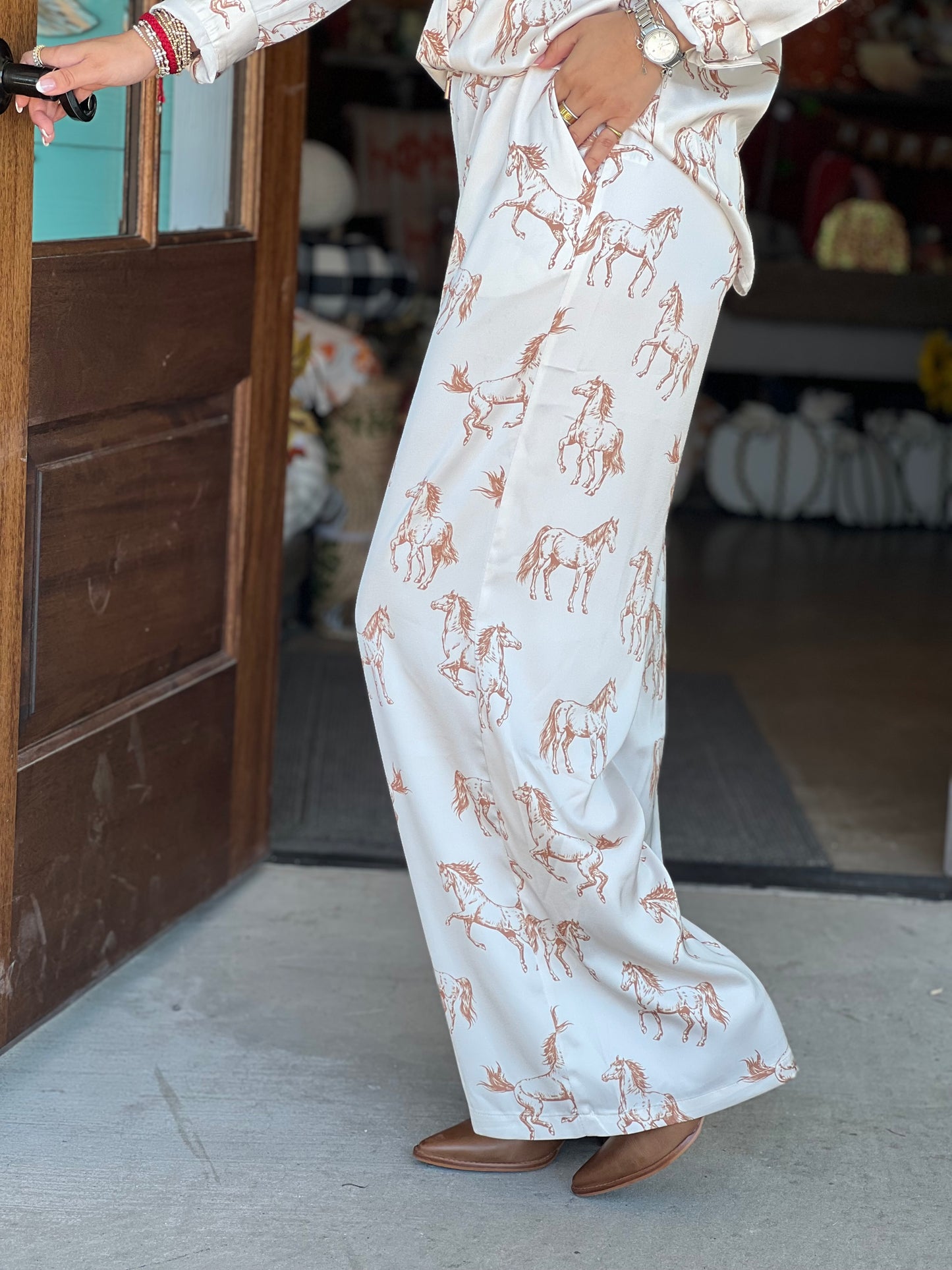 Ivory Taupe Horse Satin Pants
