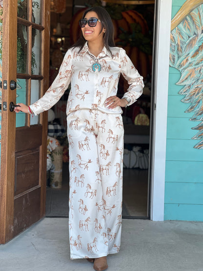 Ivory Taupe Horse Satin Pants
