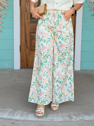 Cream Floral Print Wide Leg Pants