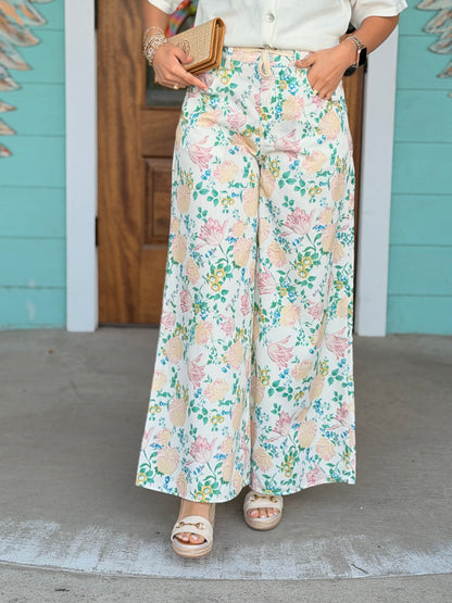 Cream Floral Print Wide Leg Pants
