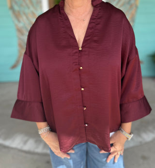 Burgundy V-Neck Stand Ruffle Neck Blouse
