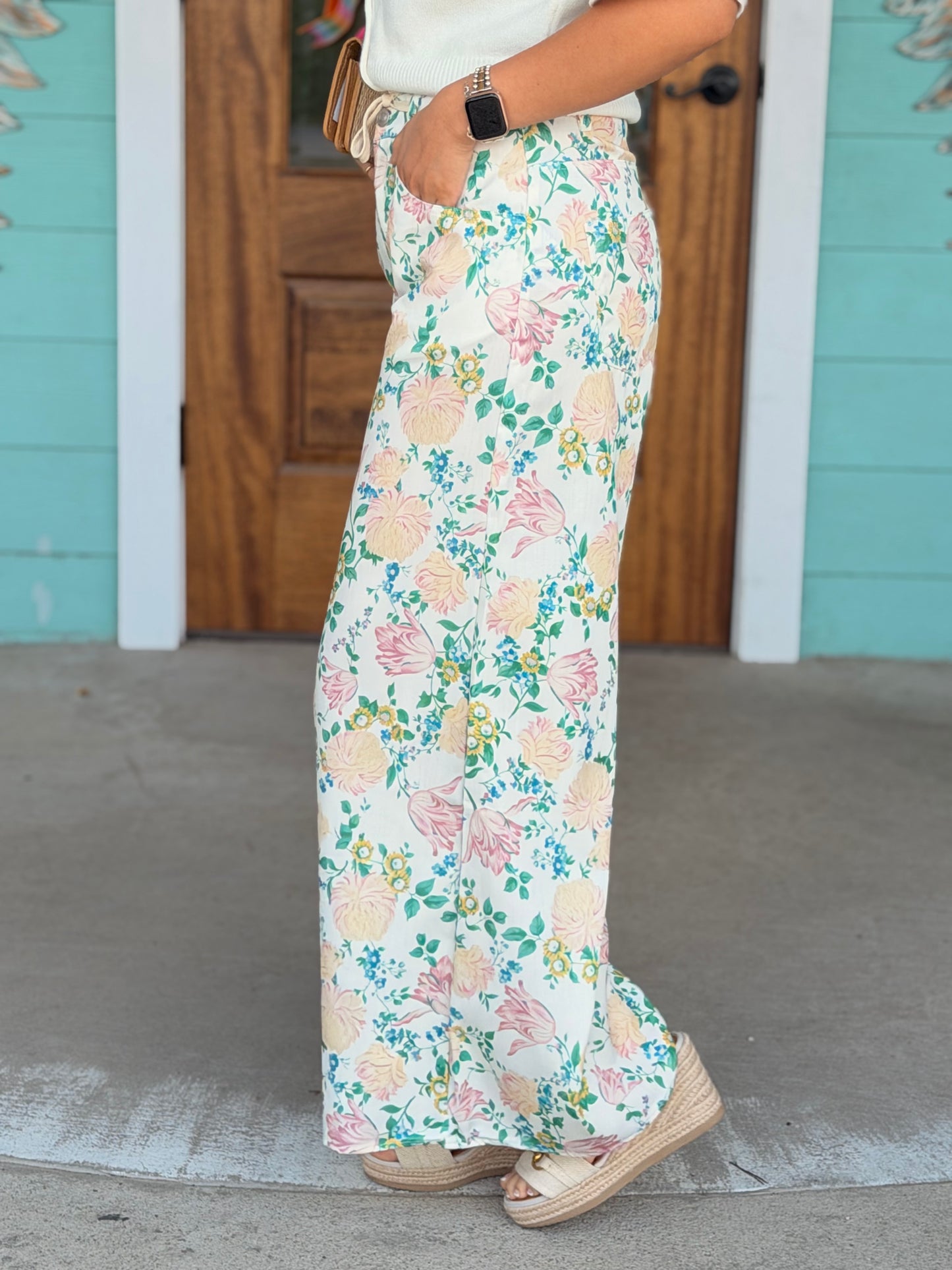 Cream Floral Print Wide Leg Pants