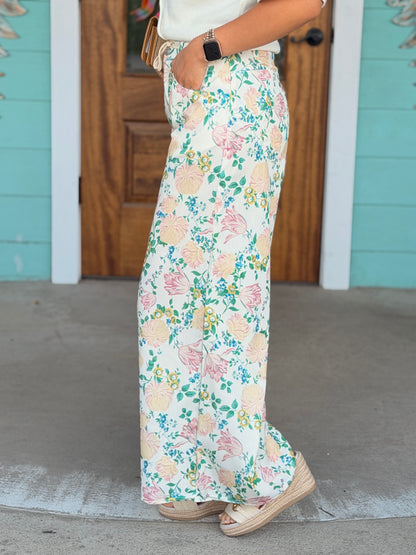 Cream Floral Print Wide Leg Pants