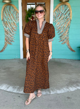 Brown Leopard Gingham Detail Midi Dress