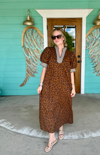 Brown Leopard Gingham Detail Midi Dress