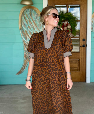 Brown Leopard Gingham Detail Midi Dress