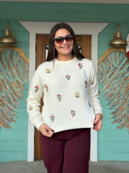 Ivory Floral Embroidered Sweater
