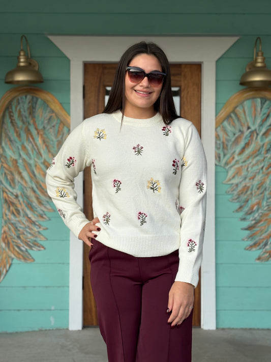 Ivory Floral Embroidered Sweater