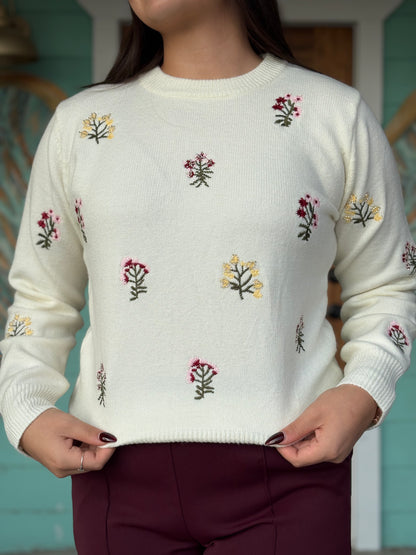 Ivory Floral Embroidered Sweater
