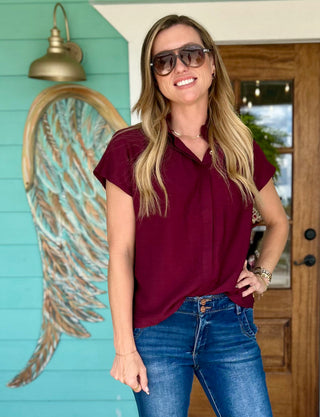 Wine Gold Button Detail Top