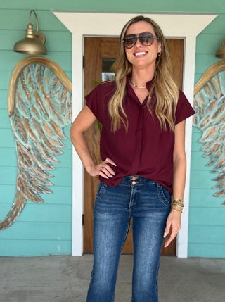 Wine Gold Button Detail Top