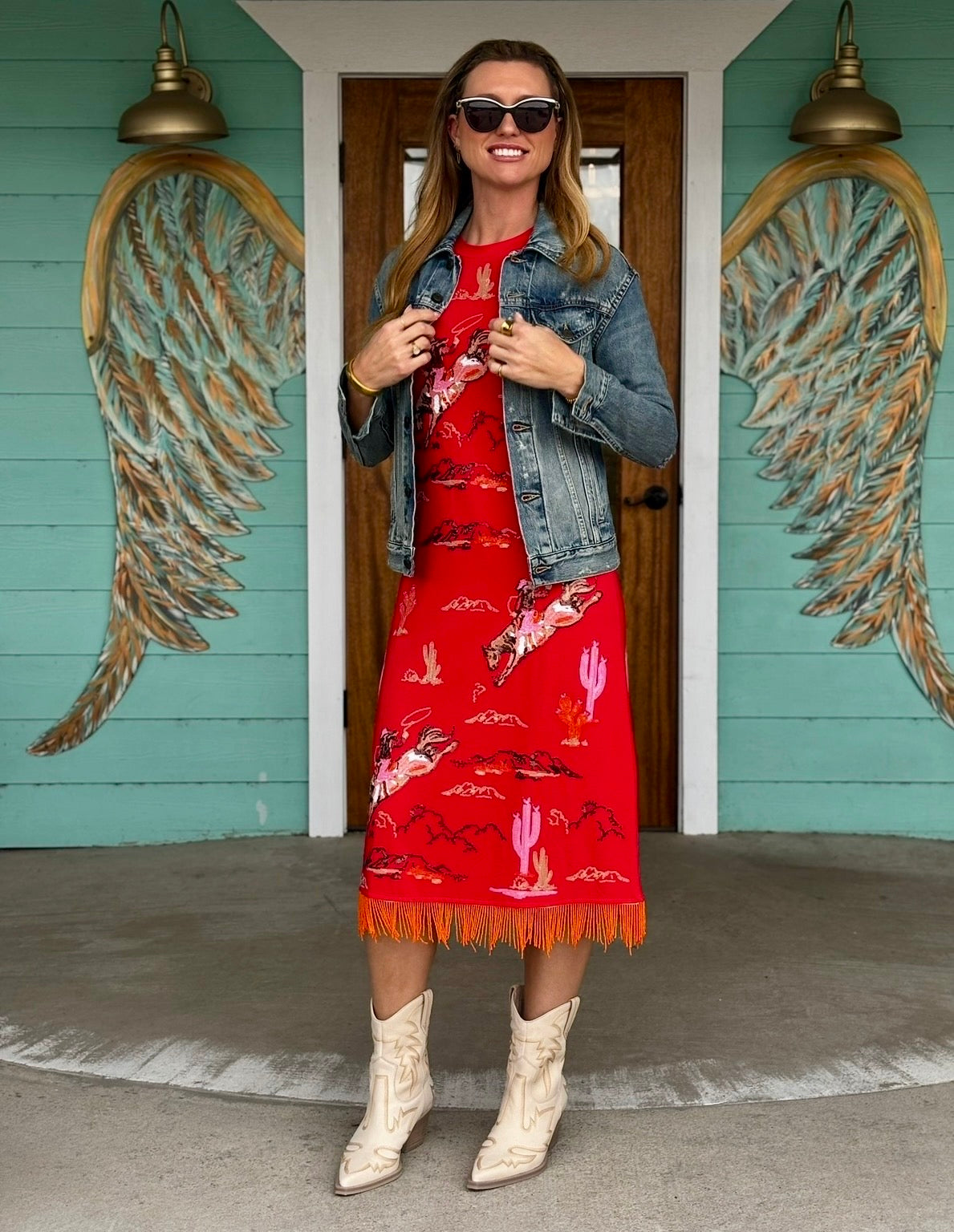 Queen of Sparkles Red Bucking Cowgirl Fringe Dress