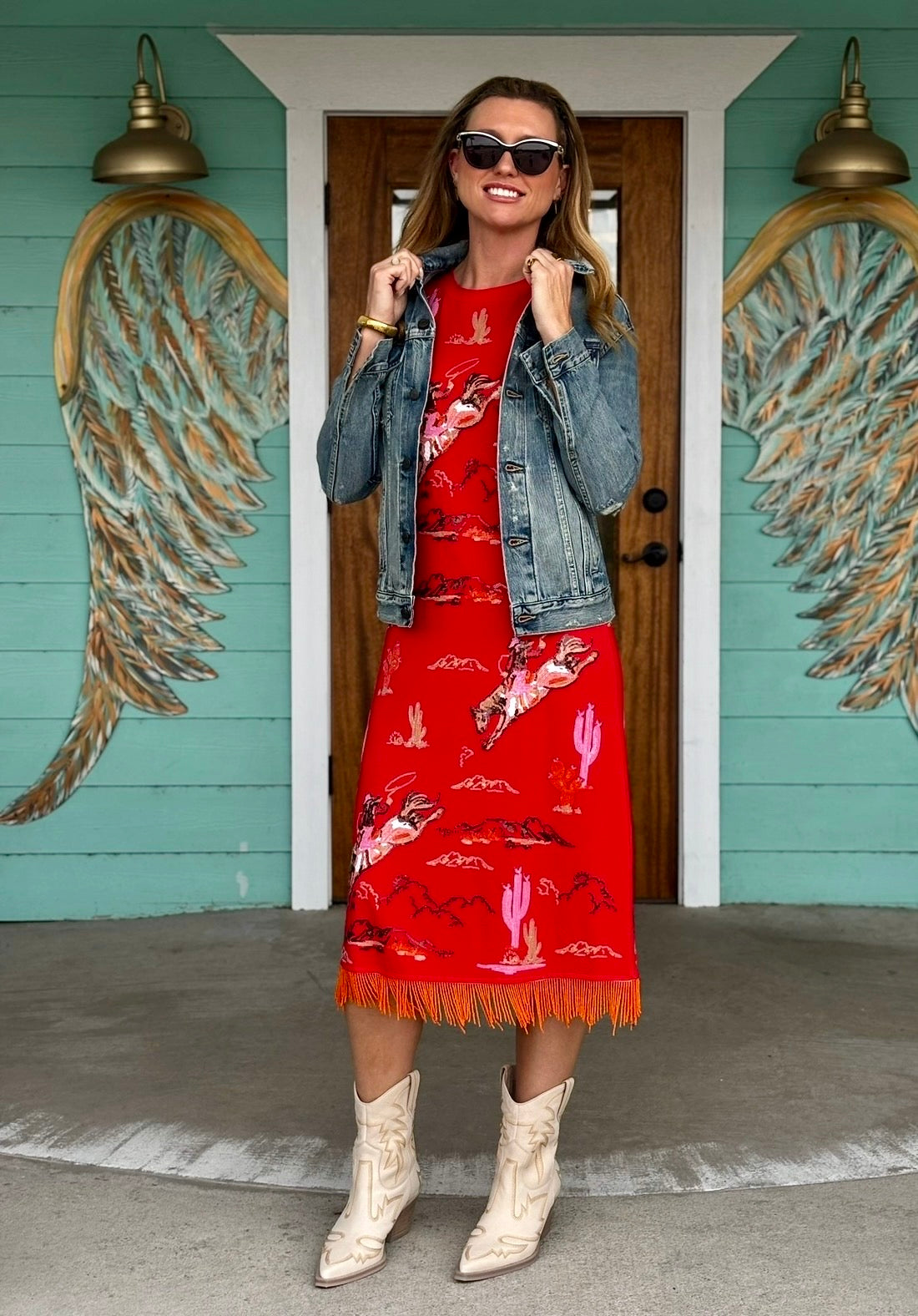 Queen of Sparkles Red Bucking Cowgirl Fringe Dress