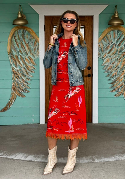 Queen of Sparkles Red Bucking Cowgirl Fringe Dress