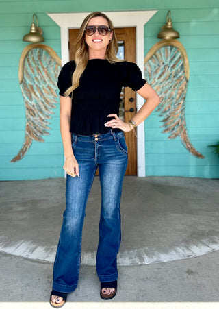 Black Smocked Short Sleeve Top