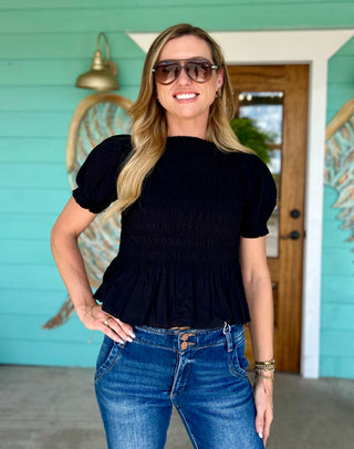 Black Smocked Short Sleeve Top