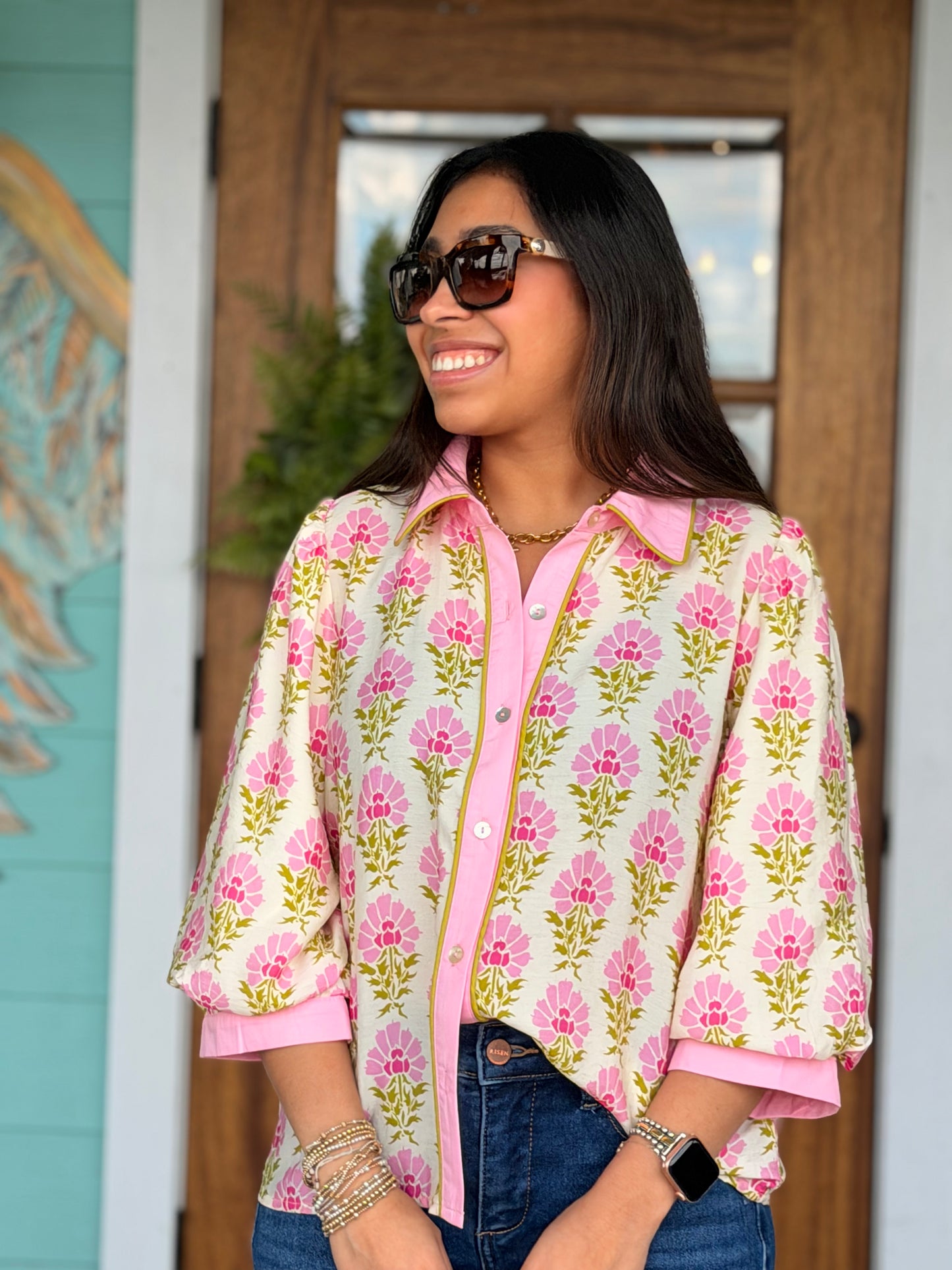 Pink & Green Block Floral Print Top