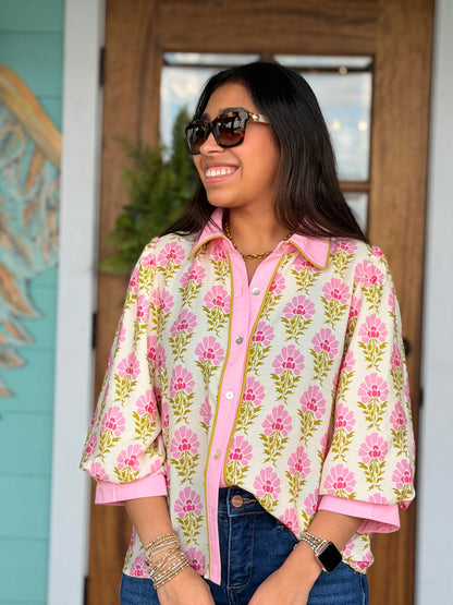 Pink & Green Block Floral Print Top