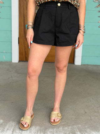 Black Twill Pleat Shorts