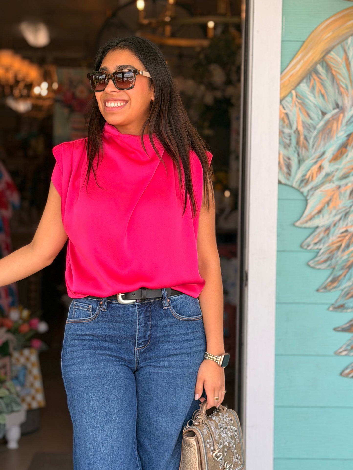 Fuchsia Cowl Neck Sleeveless Top