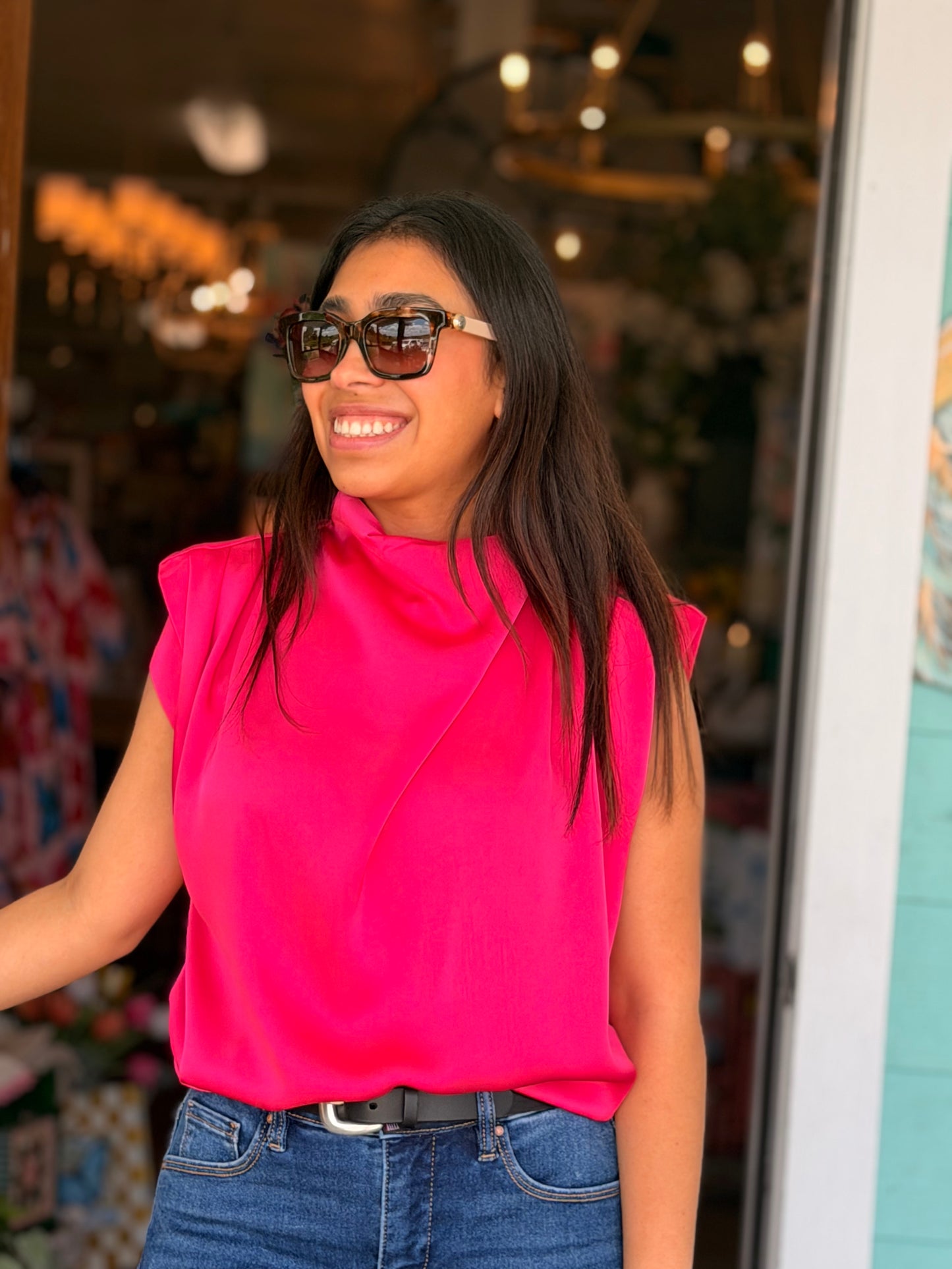 Fuchsia Cowl Neck Sleeveless Top