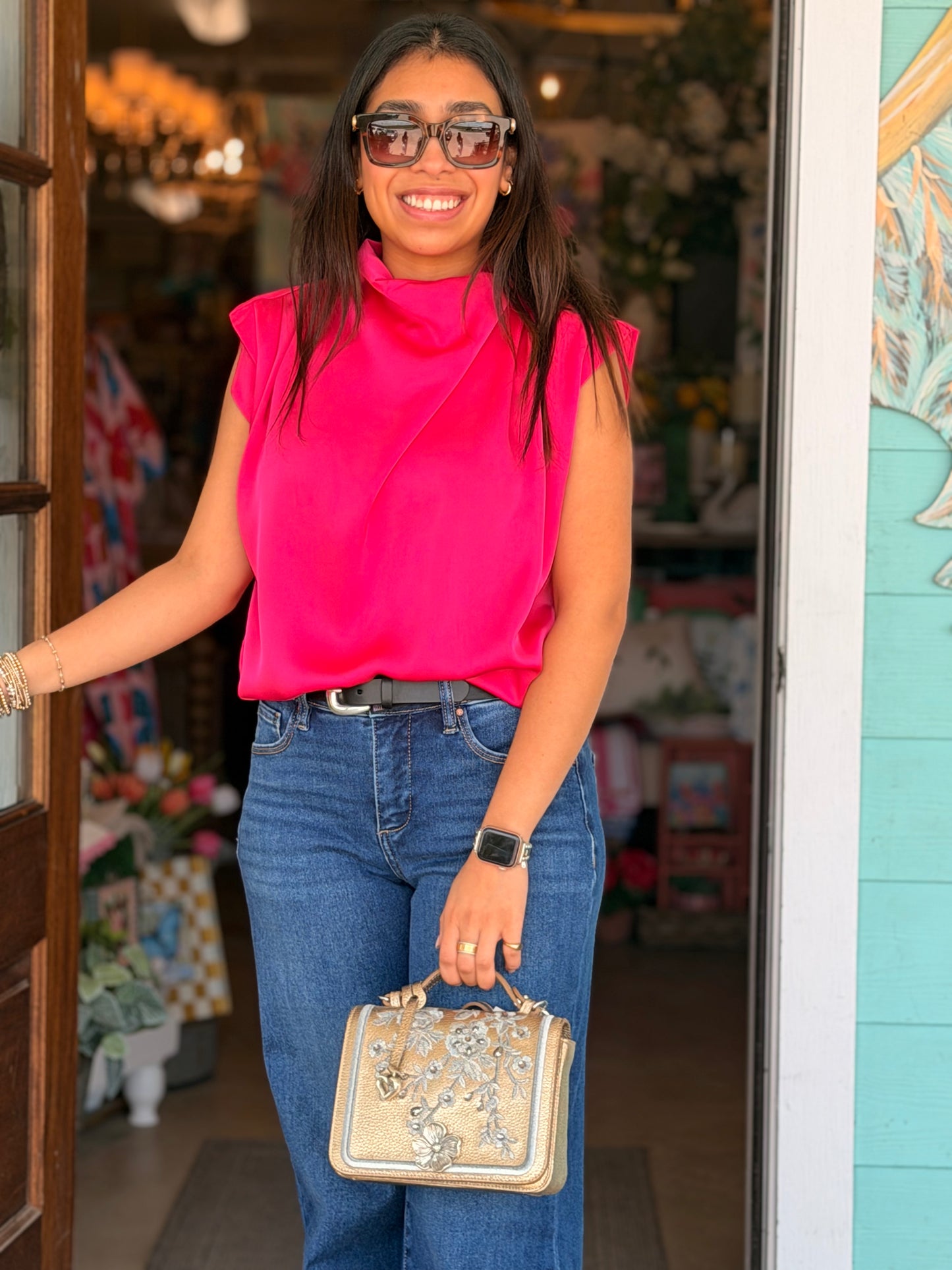 Fuchsia Cowl Neck Sleeveless Top