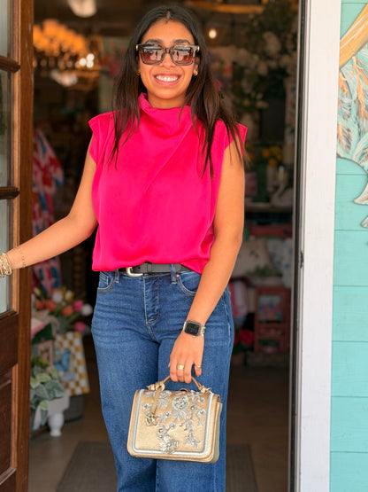 Fuchsia Cowl Neck Sleeveless Top