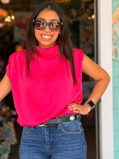Fuchsia Cowl Neck Sleeveless Top