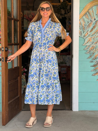 Blue Floral Midi Lace Trim Dress