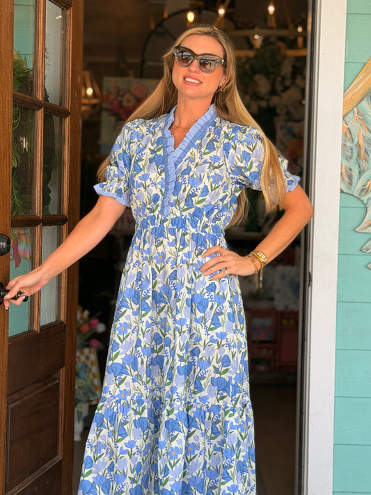 Blue Floral Midi Lace Trim Dress