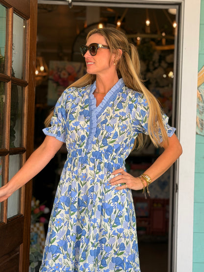 Blue Floral Midi Lace Trim Dress