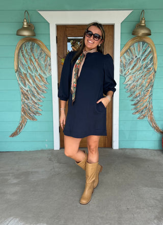 Navy Puff Sleeve A-Line Dress