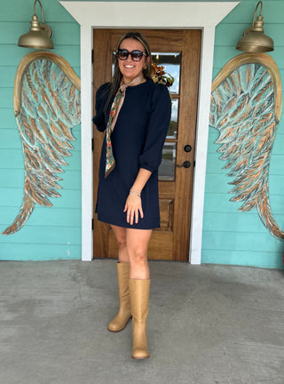 Navy Puff Sleeve A-Line Dress