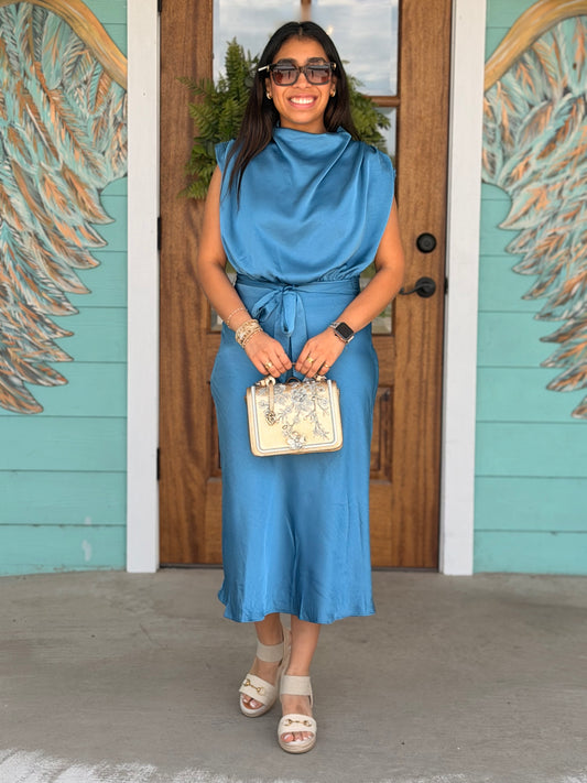 Azule Blue Cowl Neck Midi Dress