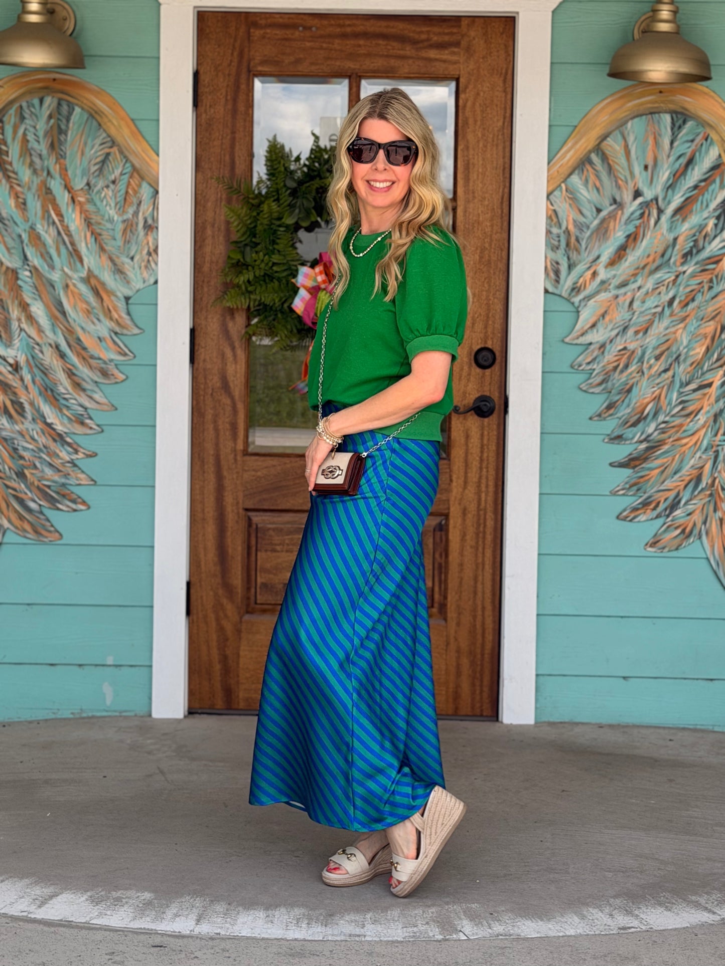 Green & Blue Stripe Midi Skirt
