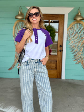 Purple & White Raglan Short Sleeve Top
