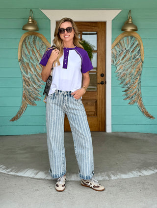 Striped Denim Straight Leg Jeans