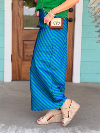Green & Blue Stripe Midi Skirt