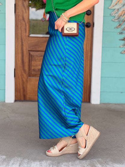 Green & Blue Stripe Midi Skirt