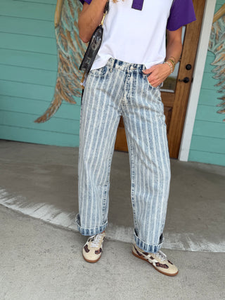 Striped Denim Straight Leg Jeans