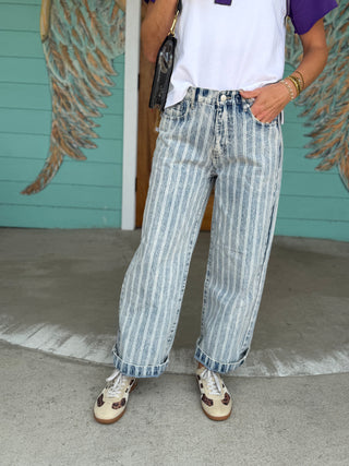 Striped Denim Straight Leg Jeans