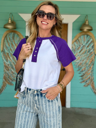 Purple & White Raglan Short Sleeve Top