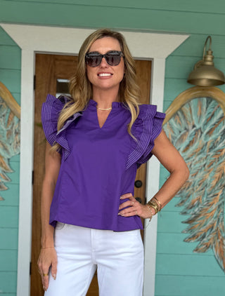 Purple Ruffle Sleeve Stitch Detail Top