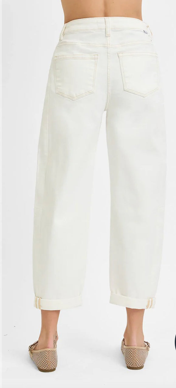 Risen Cream High Rise Barrel Jeans