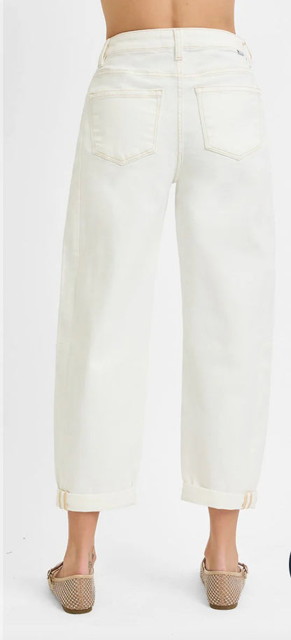 Risen Cream High Rise Barrel Jeans